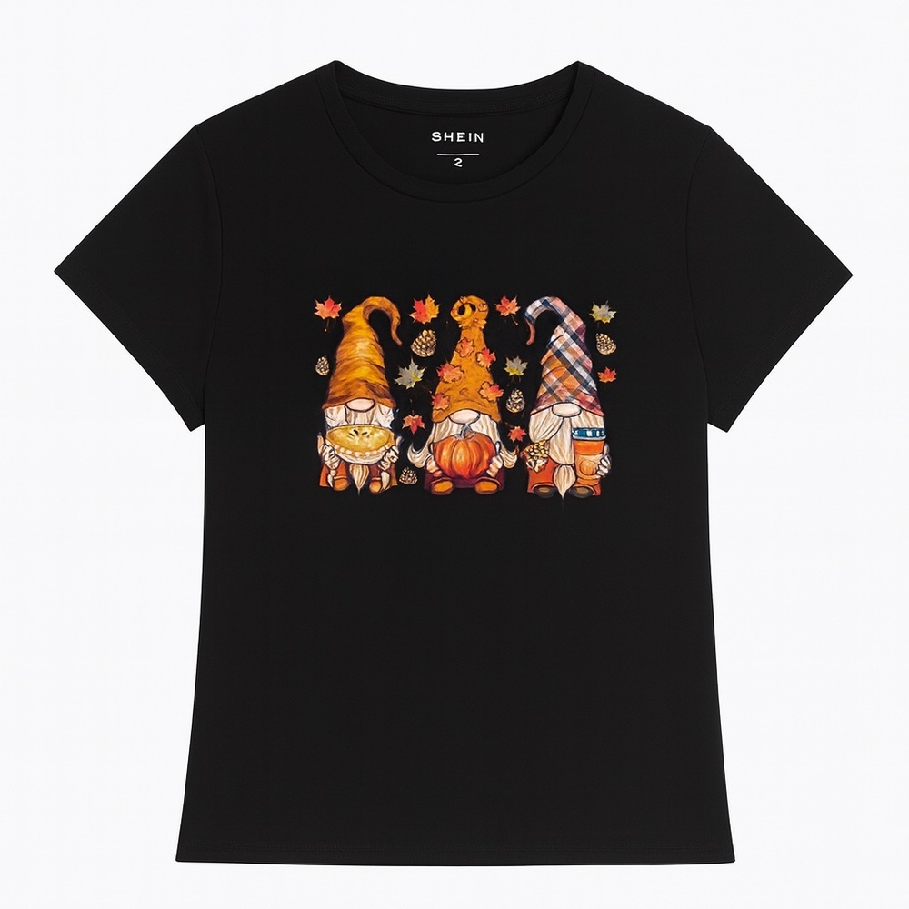 Black autumn t-shirt with gnomes